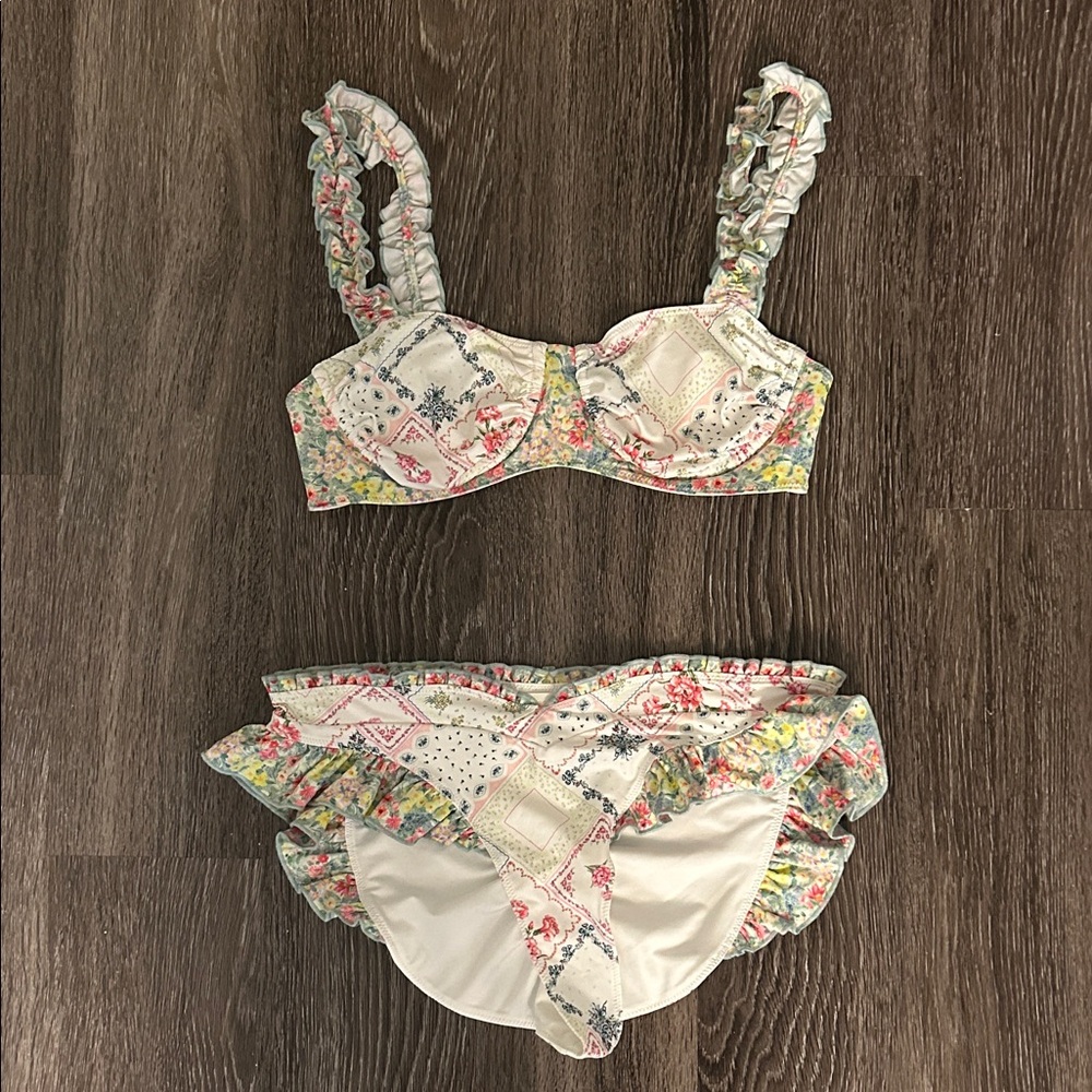 LoveShackFancy floral ruffle bikini top and bottom set